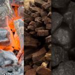 Split image of different kinds of fuel including wood and coal