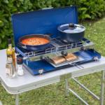 Food cooking on a camping stove